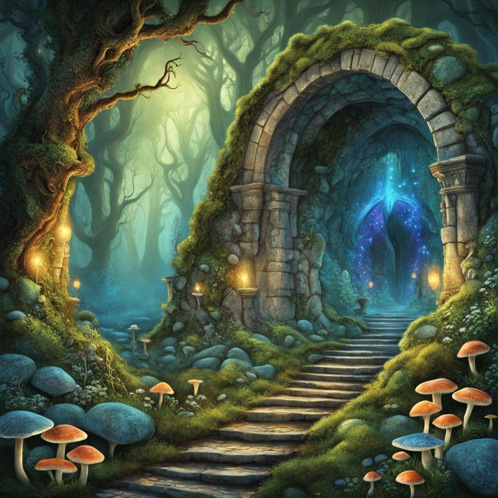 Mystical Forest Archway with Glowing Fungi in Surreal Style