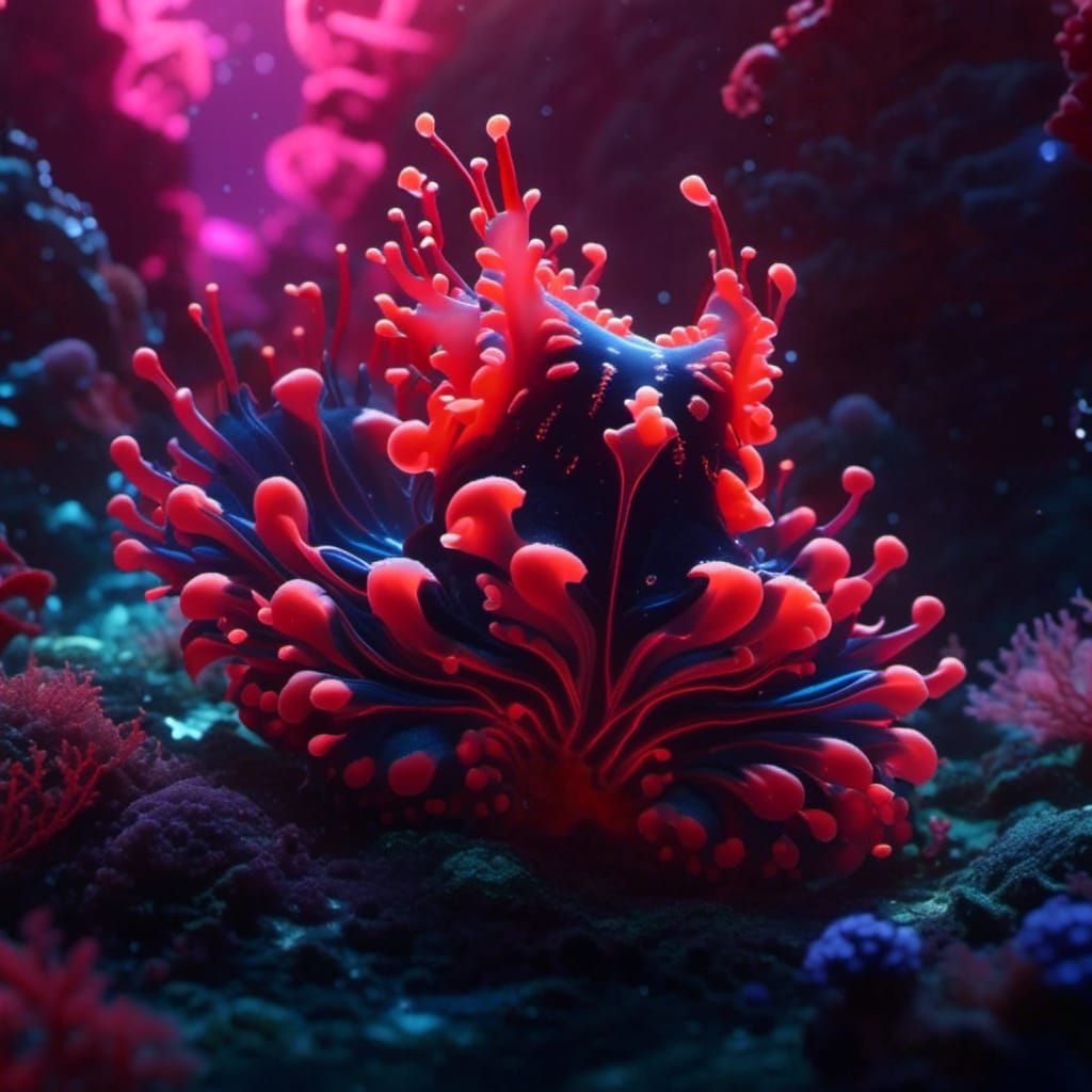 Scarlet Nudibranch in Deep Ocean, Digital Matte Painting