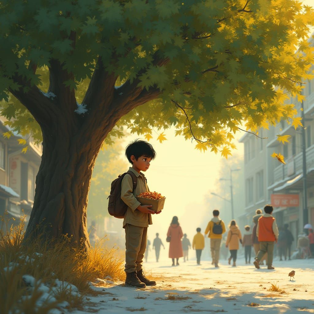 Hopeful Boy Under a Green Tree: Digital Painting