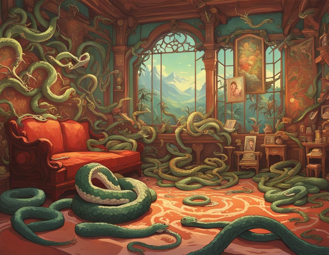 Surreal Fantasy Scene with Snakes in Complementary Colors