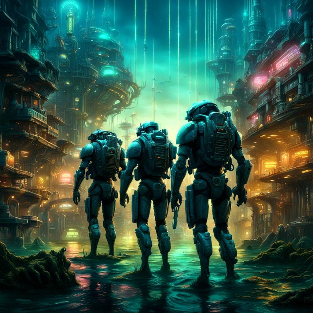 Underwater Cybernetic City with Biomechanical Life