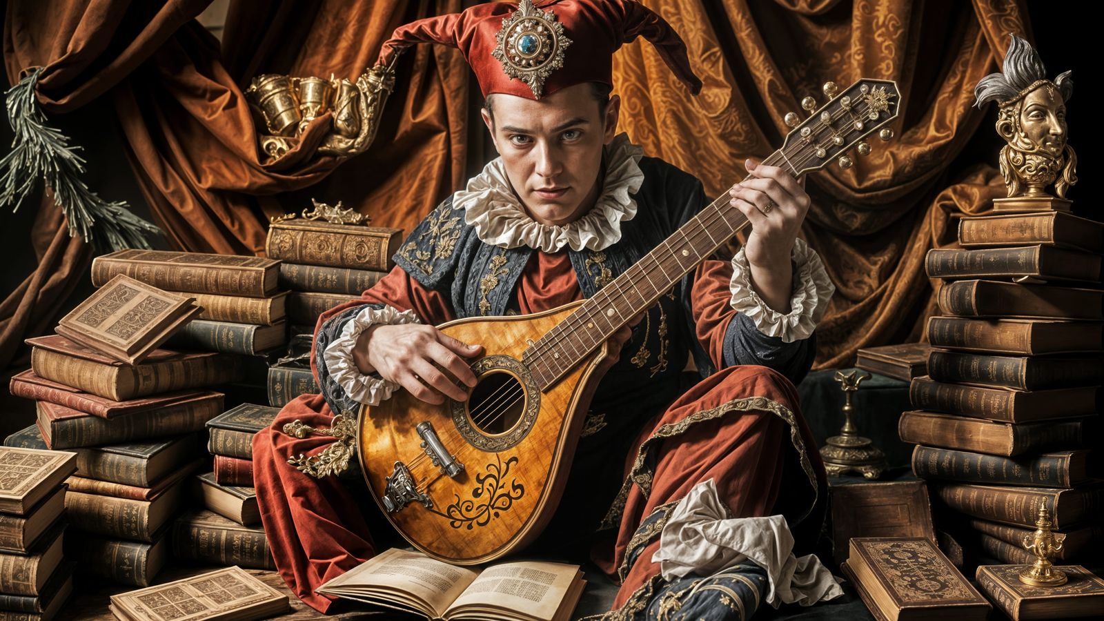 Regal Jester Amidst Luxurious Tomes in Opulent Baroque Style