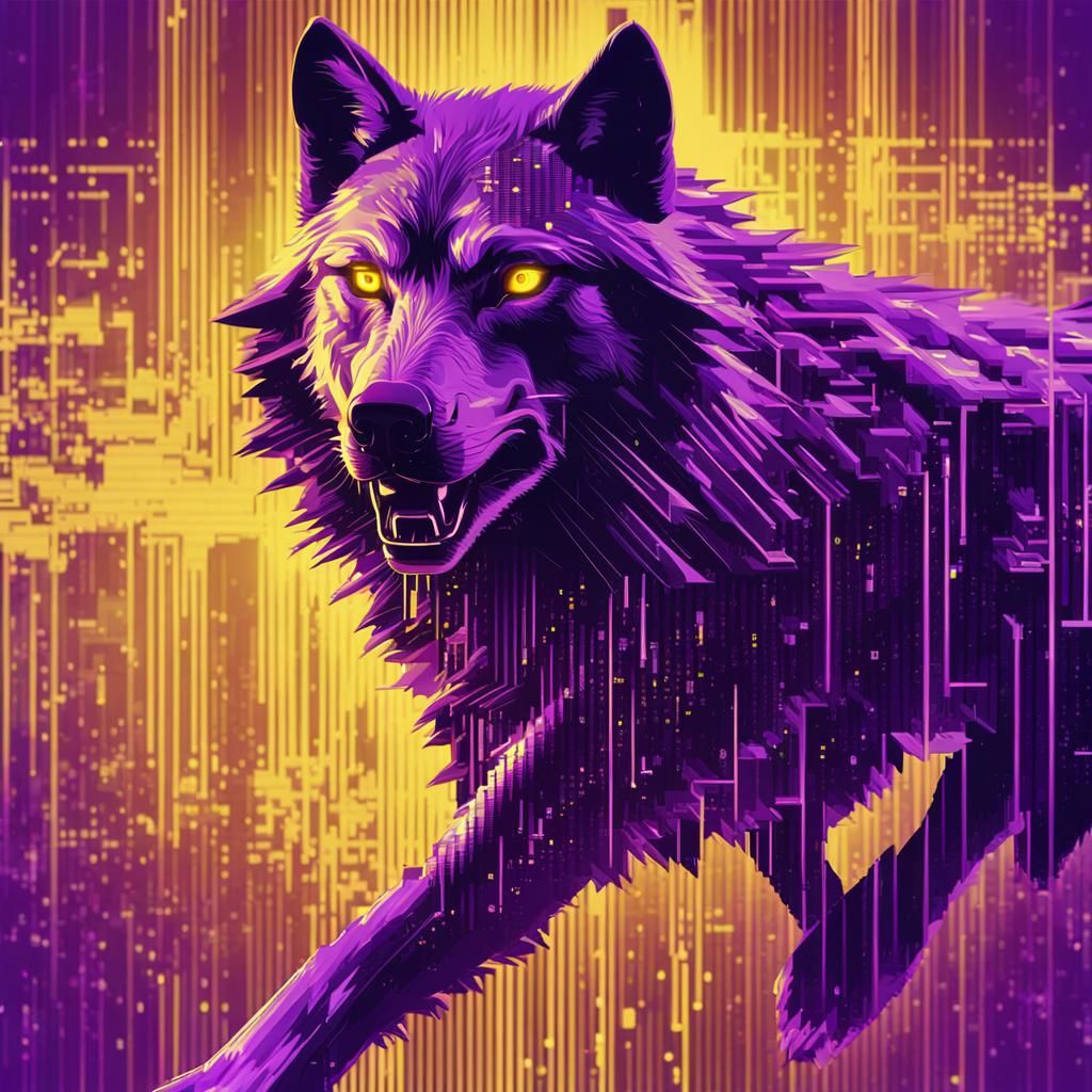 Glitched Wolf Running Through Matrix Code