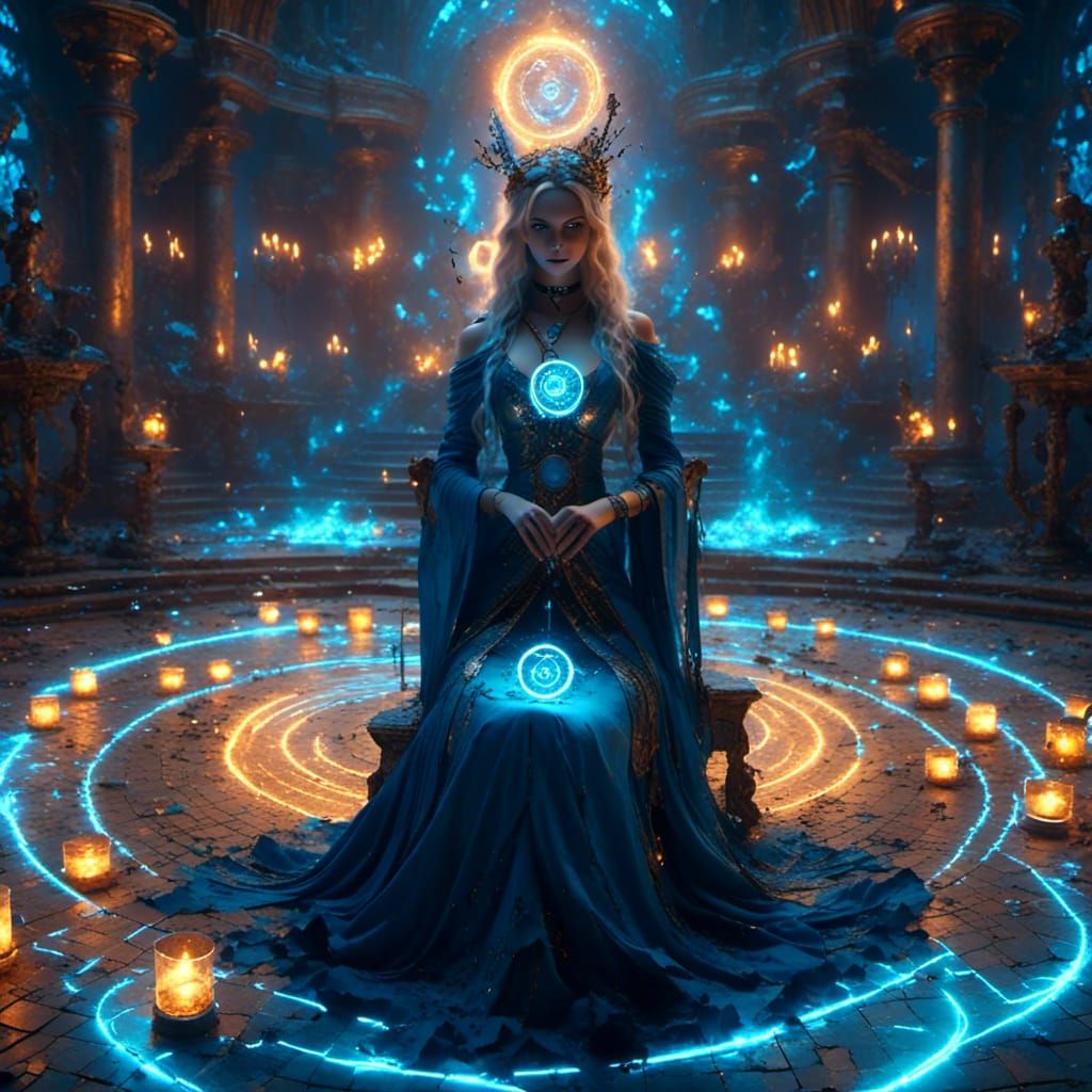 Beautiful Sorceress Casting Spells in Neon Lit Sanctuary