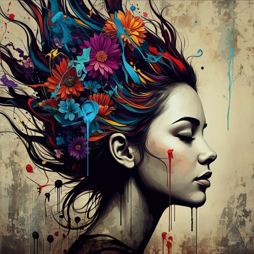 Surreal Digital Portrait with Flowers and Urban Texture