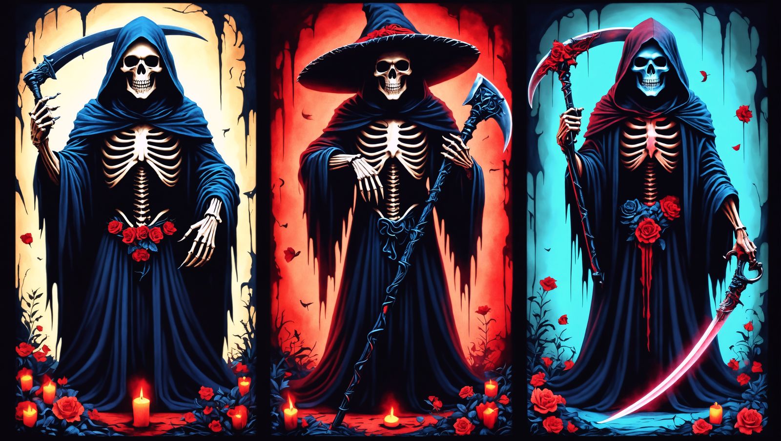 Grim Reaper Triptych: Medieval, Day of the Dead, Cyberpunk