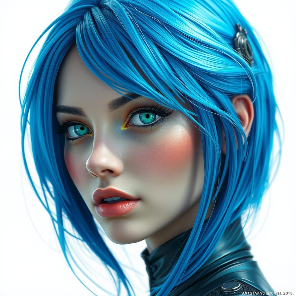 Futuristic Woman in Electric Blue Hair, Emerald Eyes, on Whi...