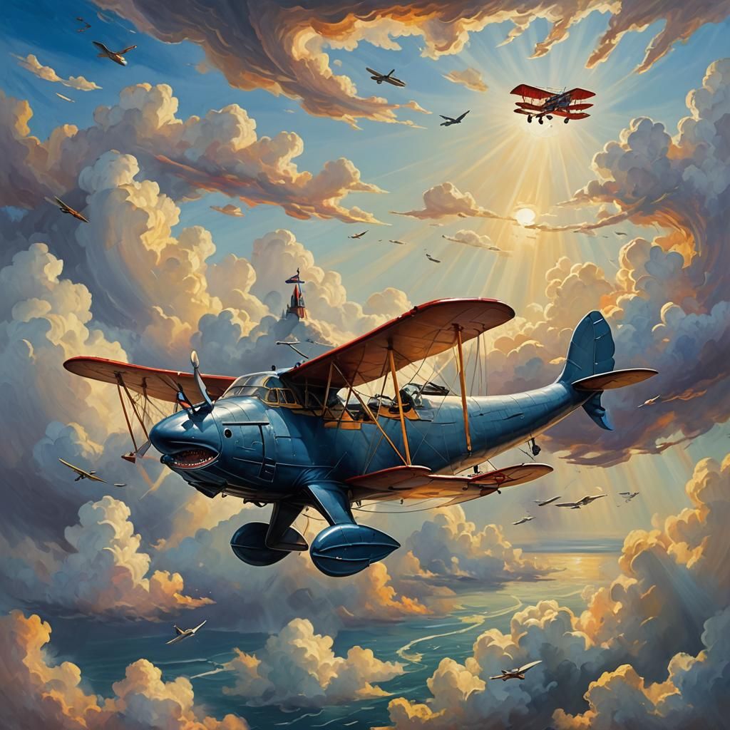 Whale Soaring with Biplane: A Fantasy Oil Painting