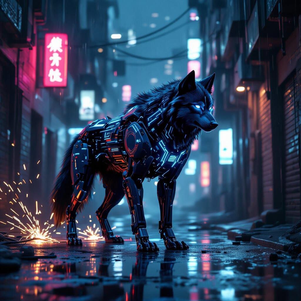Cybernetic Wolf in Neon Cyberpunk City