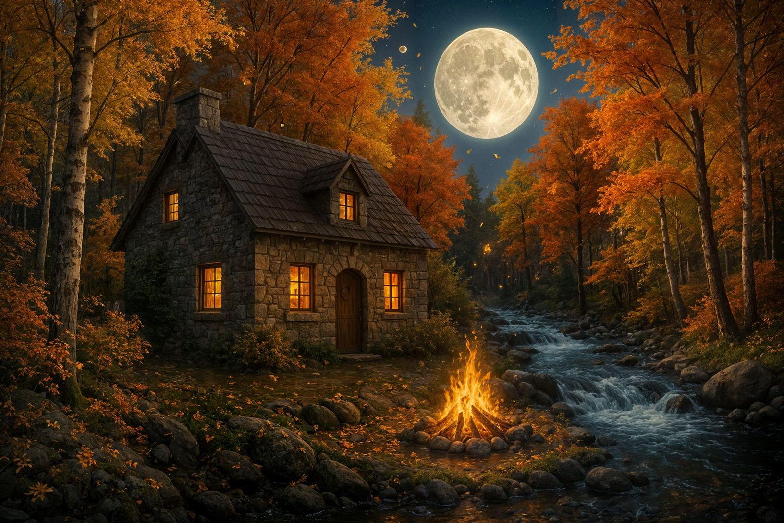Cozy Stone Cottage in Autumn Forest: Photorealistic Artwork