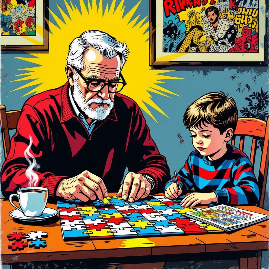 Grandfather and Grandson Puzzle Time Pop Art