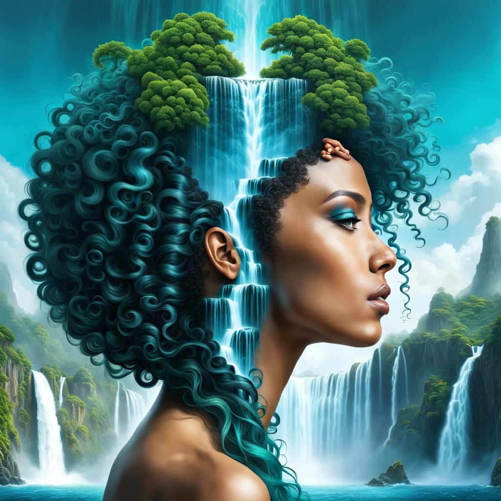Teal Afro Woman: Waterfalls and Psychedelic City Art