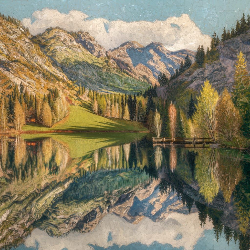 Serene Landscape in Pointillism Style with Calm Lake