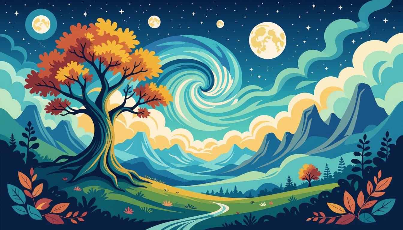 Mystical Landscape with Alien Trees and Two Moons