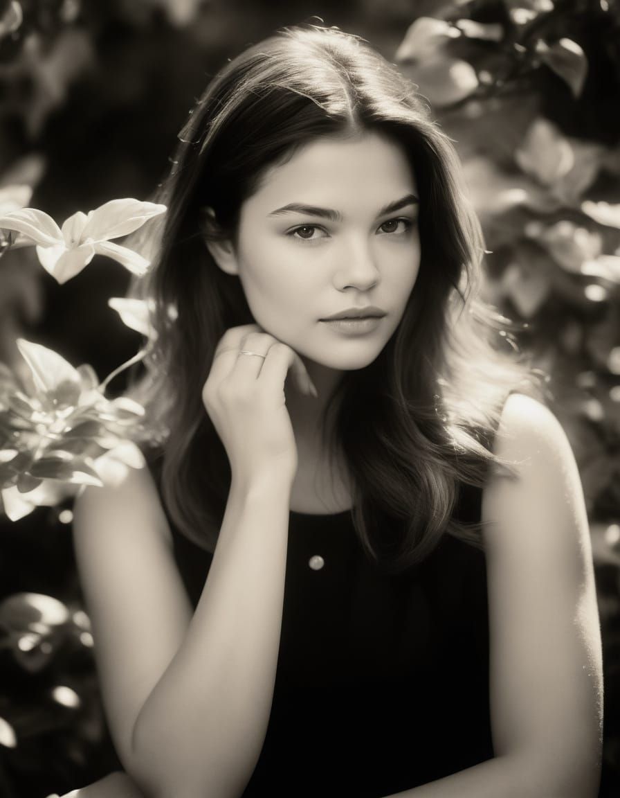 Claude Monet impressionism. Medium shot. Young Danielle is an enchantress in a garden. Close up. Whispers of gardenia an...