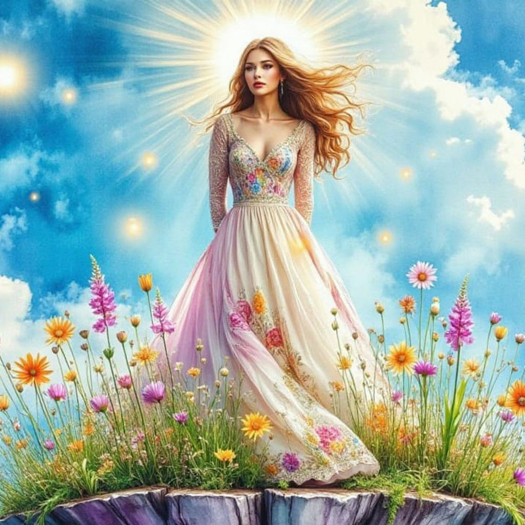 Fantasy Sorceress on Floating Island in Dreamcore Style