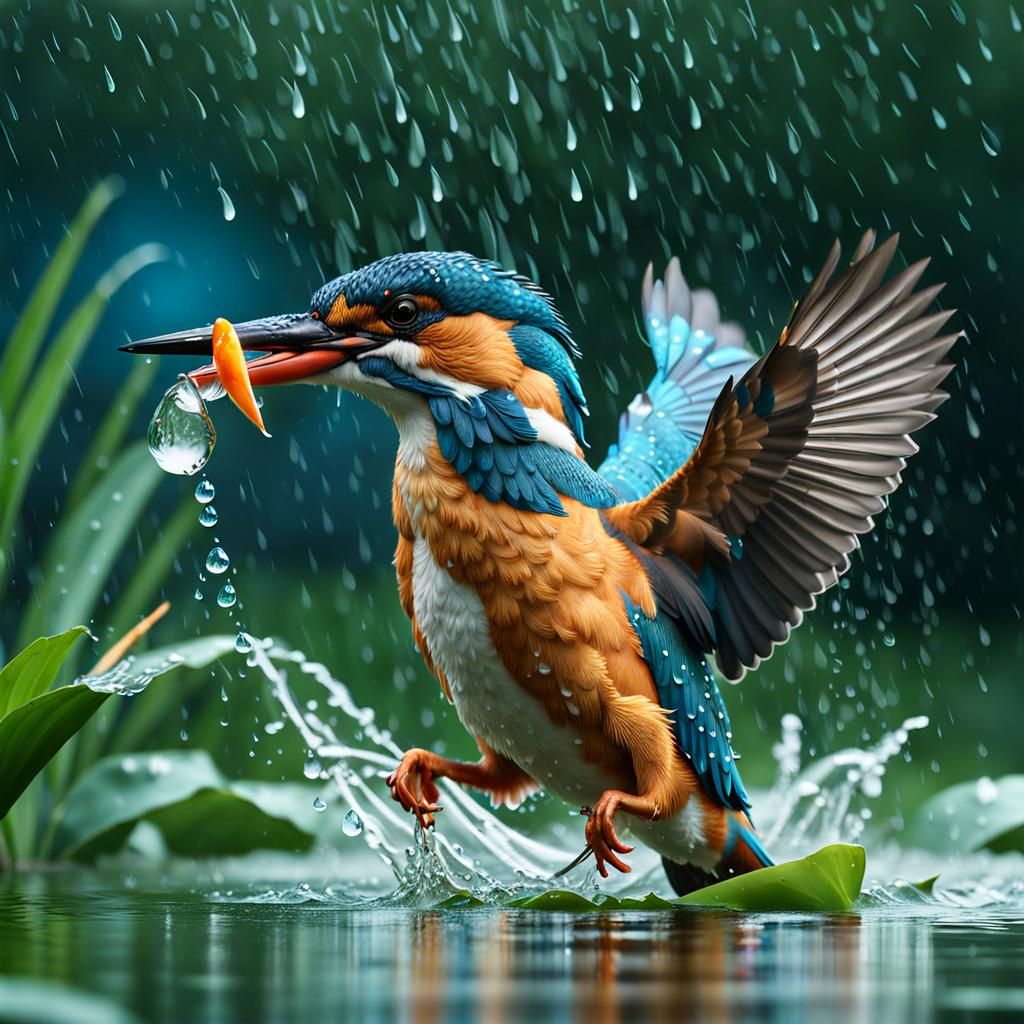 Kingfisher's Rainy Dive: Photorealistic Bird Catching Fish