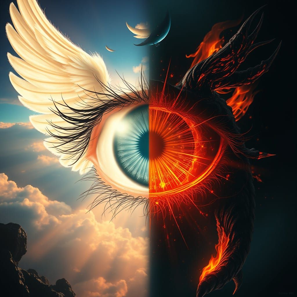 Ethereal Vision: Angel and Demon Faces in Harmony