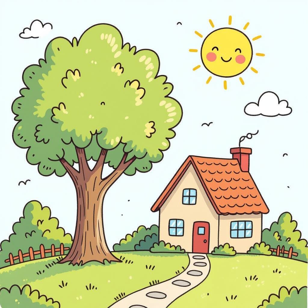 Childlike Tree and House Illustration in Classic Book Style