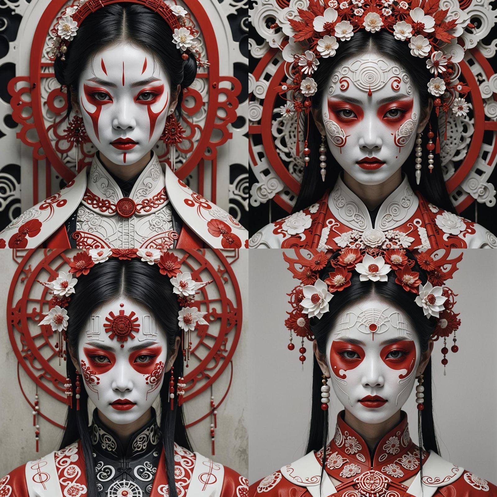 japanese girl with red and white painted face, in the style ...