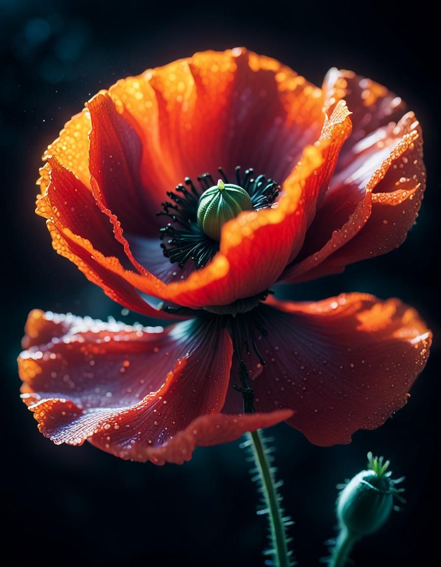 Hyperdetailed Poppy in Dark, Mysterious Neon Night