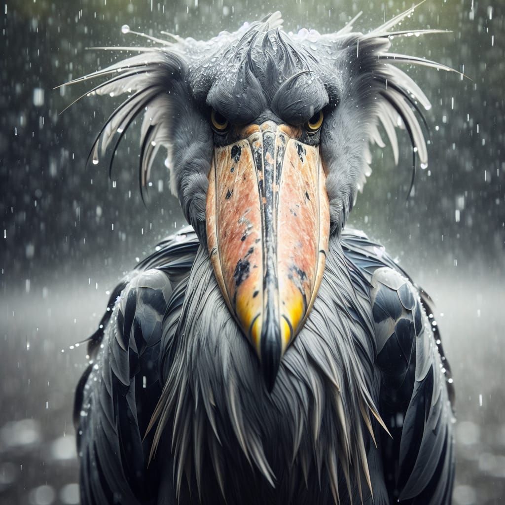 Shoebill Stork in the Rain
