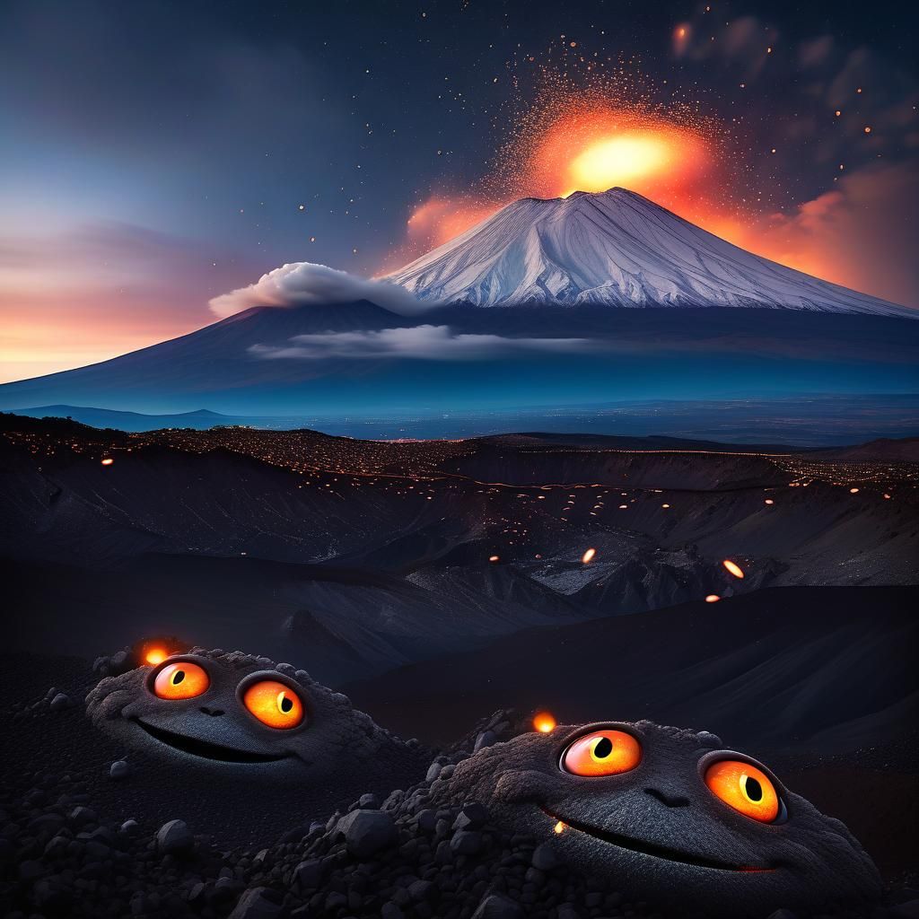 Etna volcano with big cute chibi eyes and a big smile is blowing sparks
