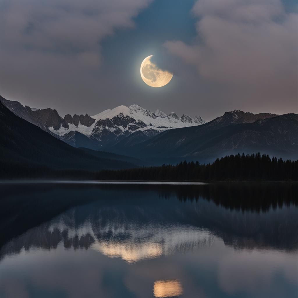 A half moon peaks through clouds, a faint light is reflected in the lake