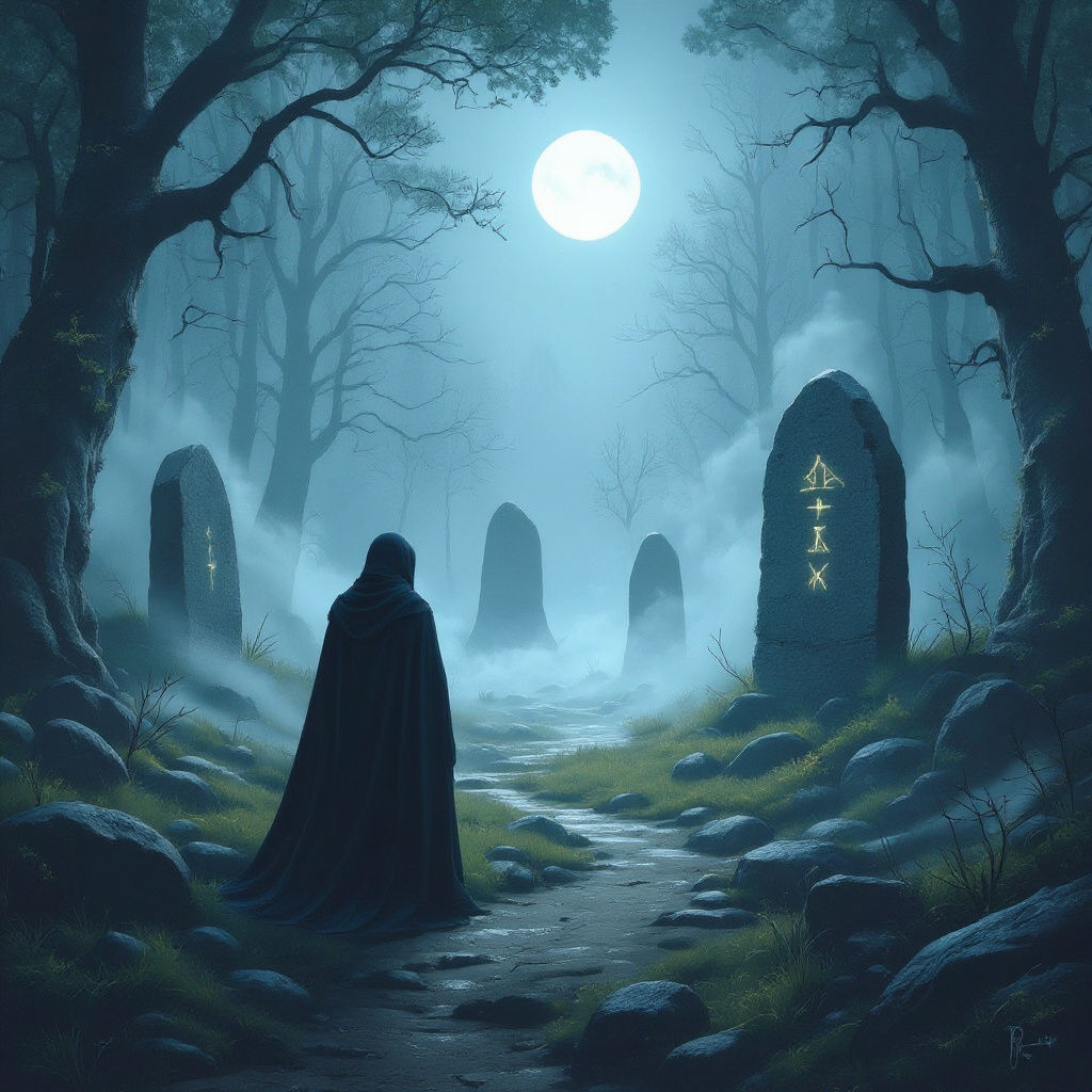 Mystical Forest Clearing with Glowing Runes and Cloaked Figu...