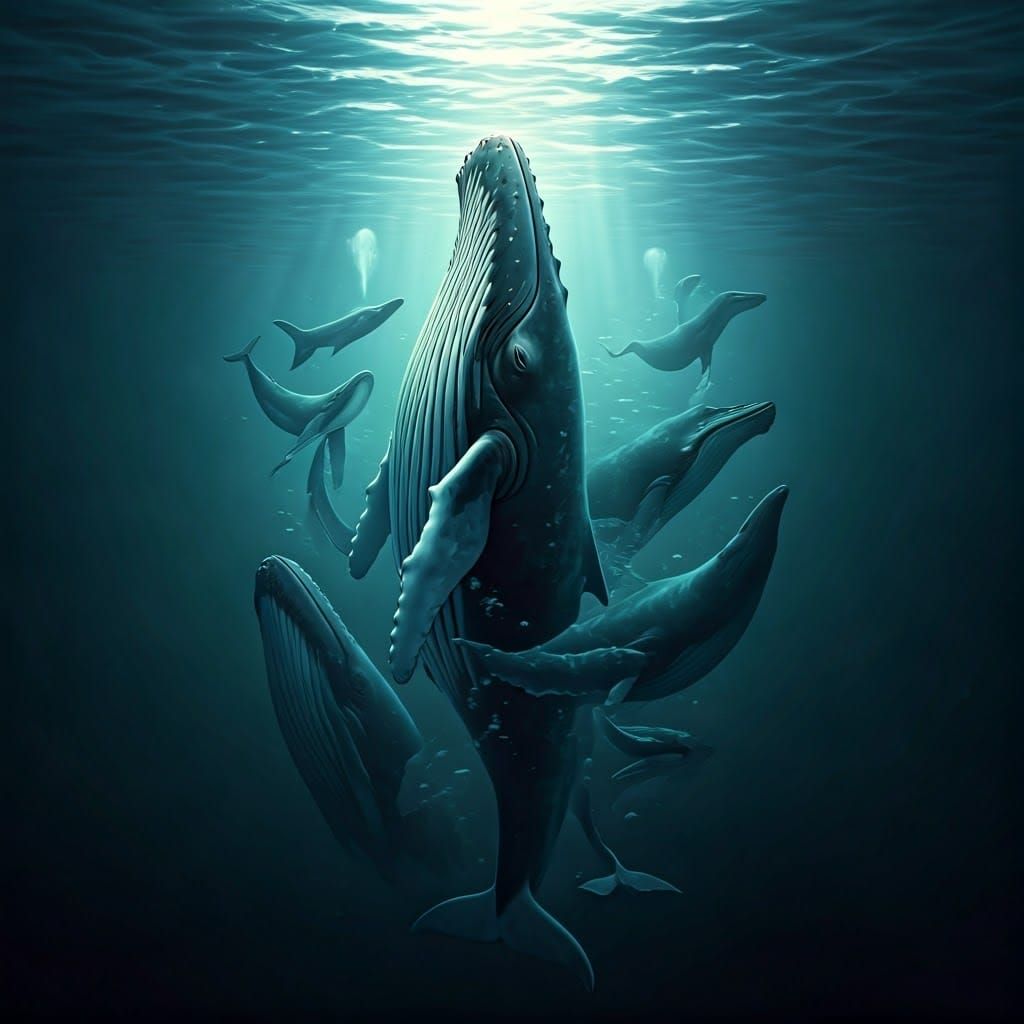 Surreal Whales Sleeping Vertically in Ocean Dreams