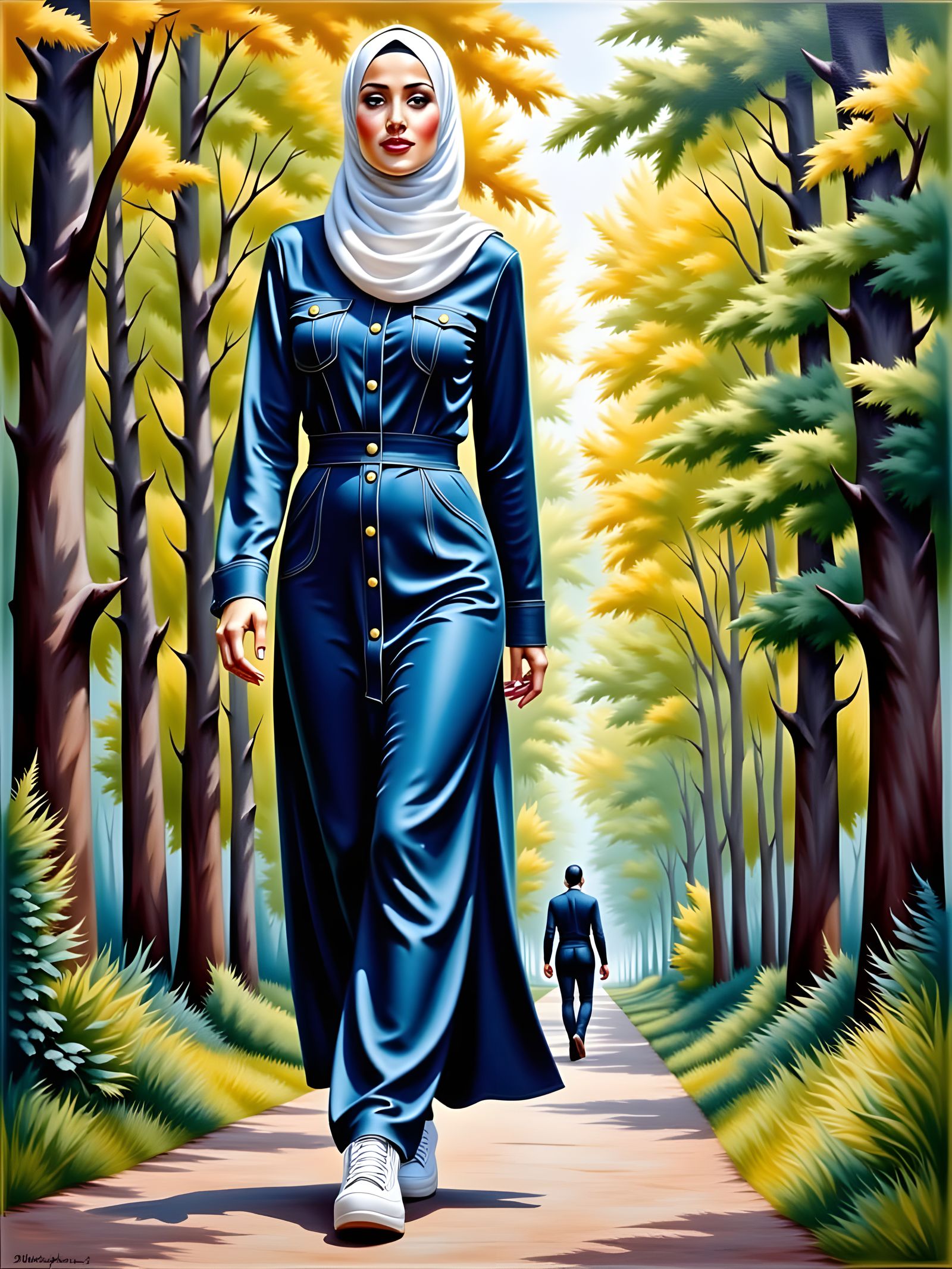 European Hijabi Woman Walking in Forest Painting