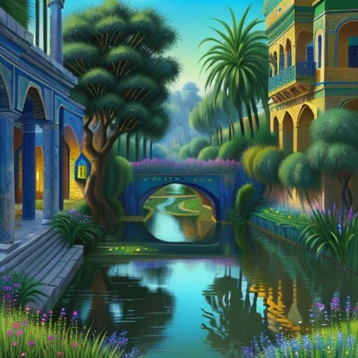 Babylonian River Oasis in Vibrant, Expressive Brushstrokes