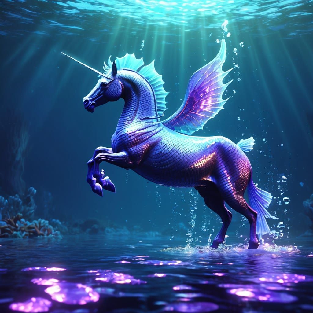 Magical Bioluminescent Hippocampus in 3D Animation Style