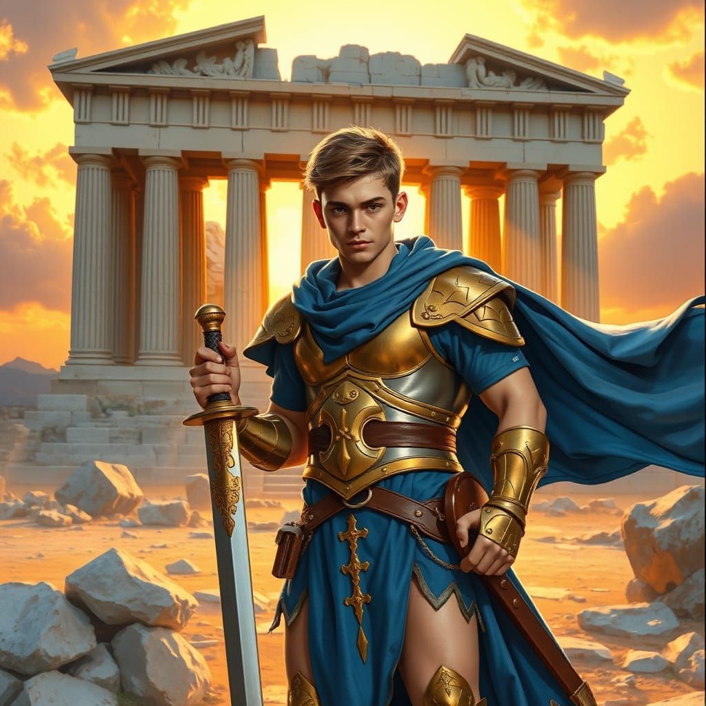 Young Warrior in Blue and Gold Armor, Classical Fantasy Styl...