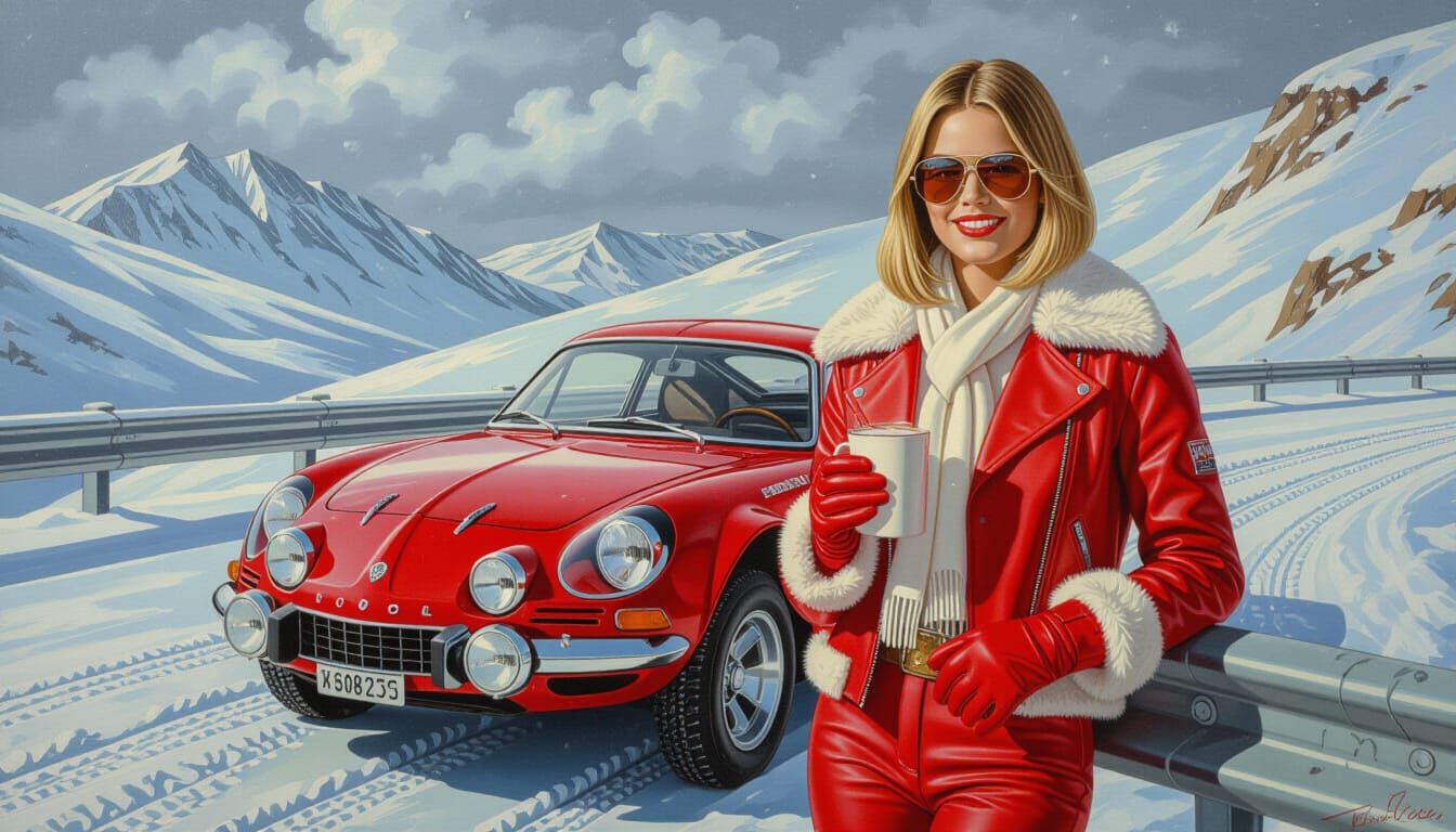 Textured Painting Of Woman In Red Leather With Alpine Car