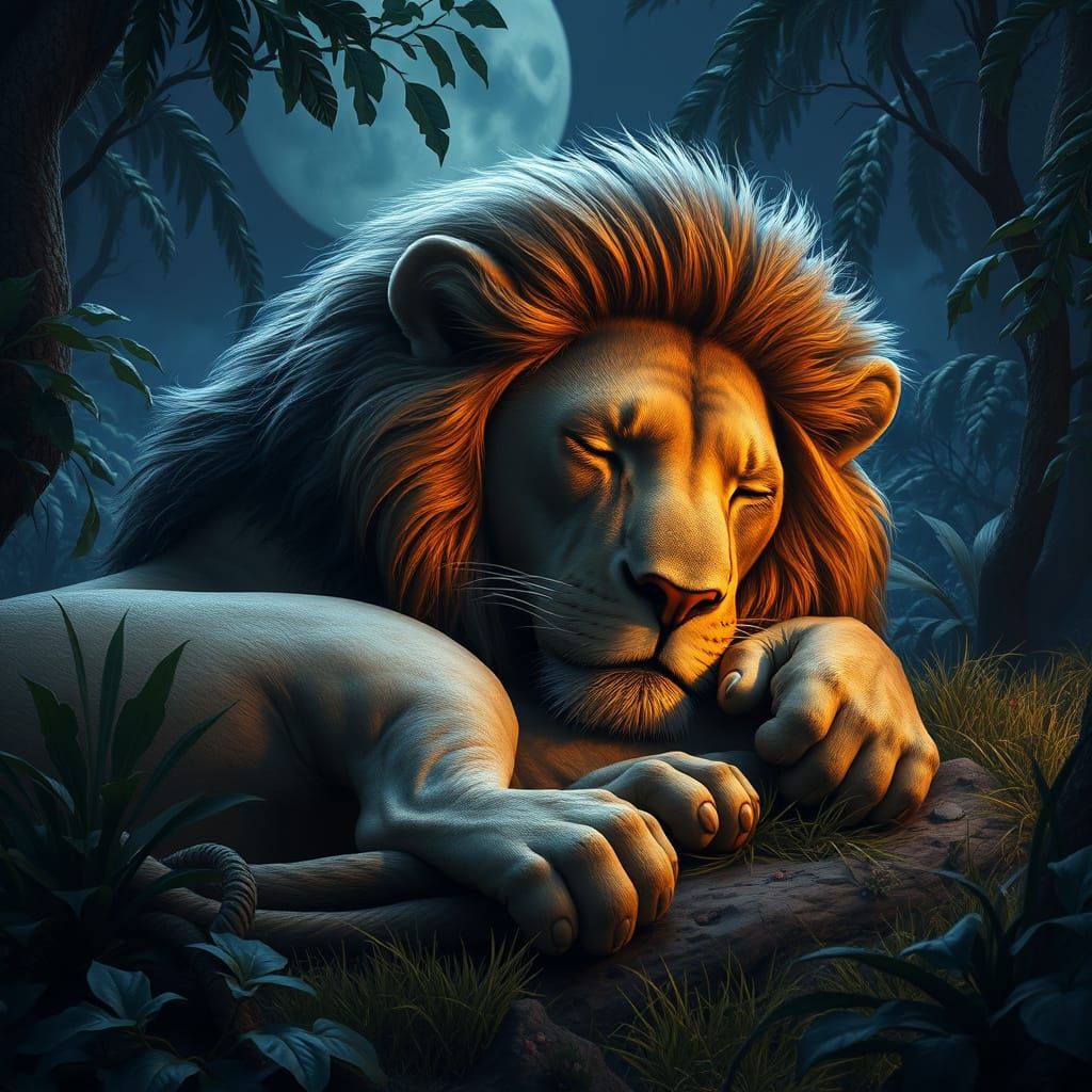 Majestic Nighttime Lion in Fantastical Setting