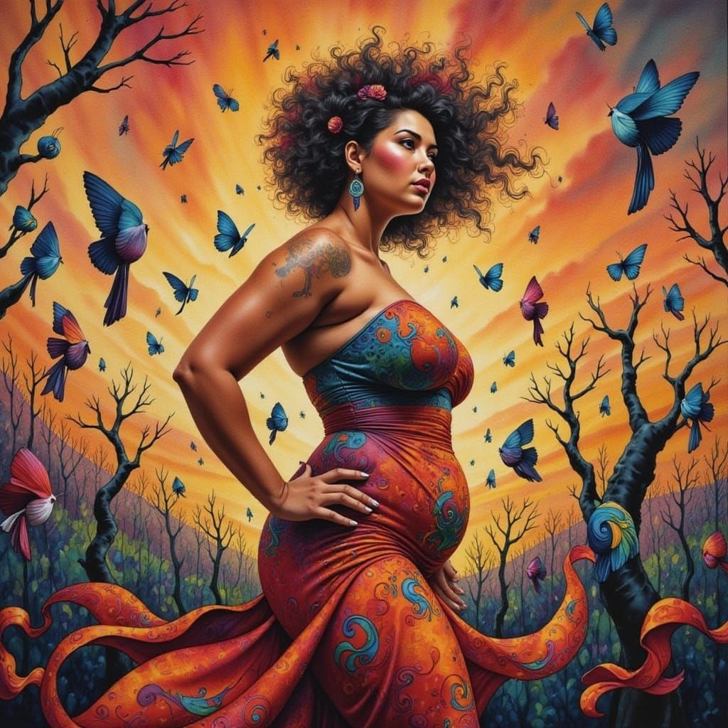 Abstract Woman in Distorted Sunset Landscape