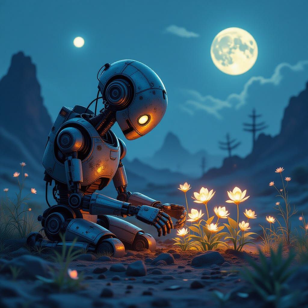 Sentient Robot Tends Glowing Garden on Alien Planet