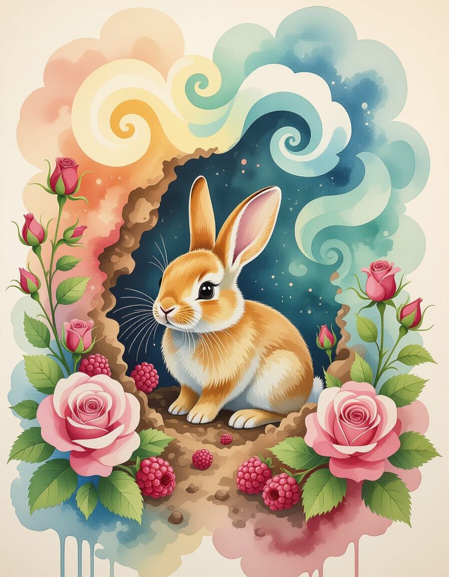 Surreal Bunny in Burrow Watercolor Painting