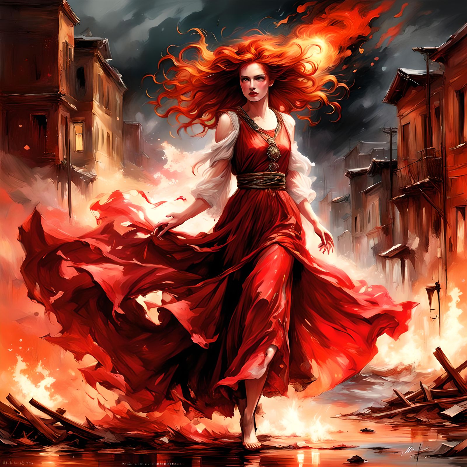 Red Dress, Burning Town: Ink Splatter Art