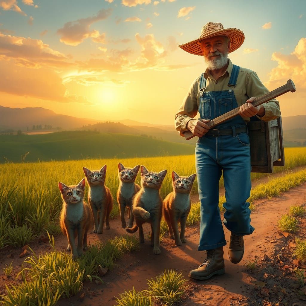 Farmer Herding Cats in Impressionist Style