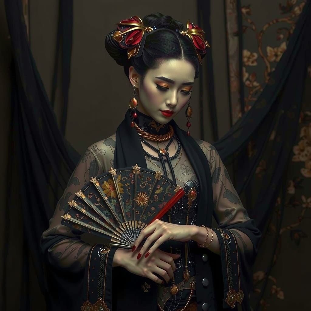 Metal Cyborg Geisha with Ornate Fan