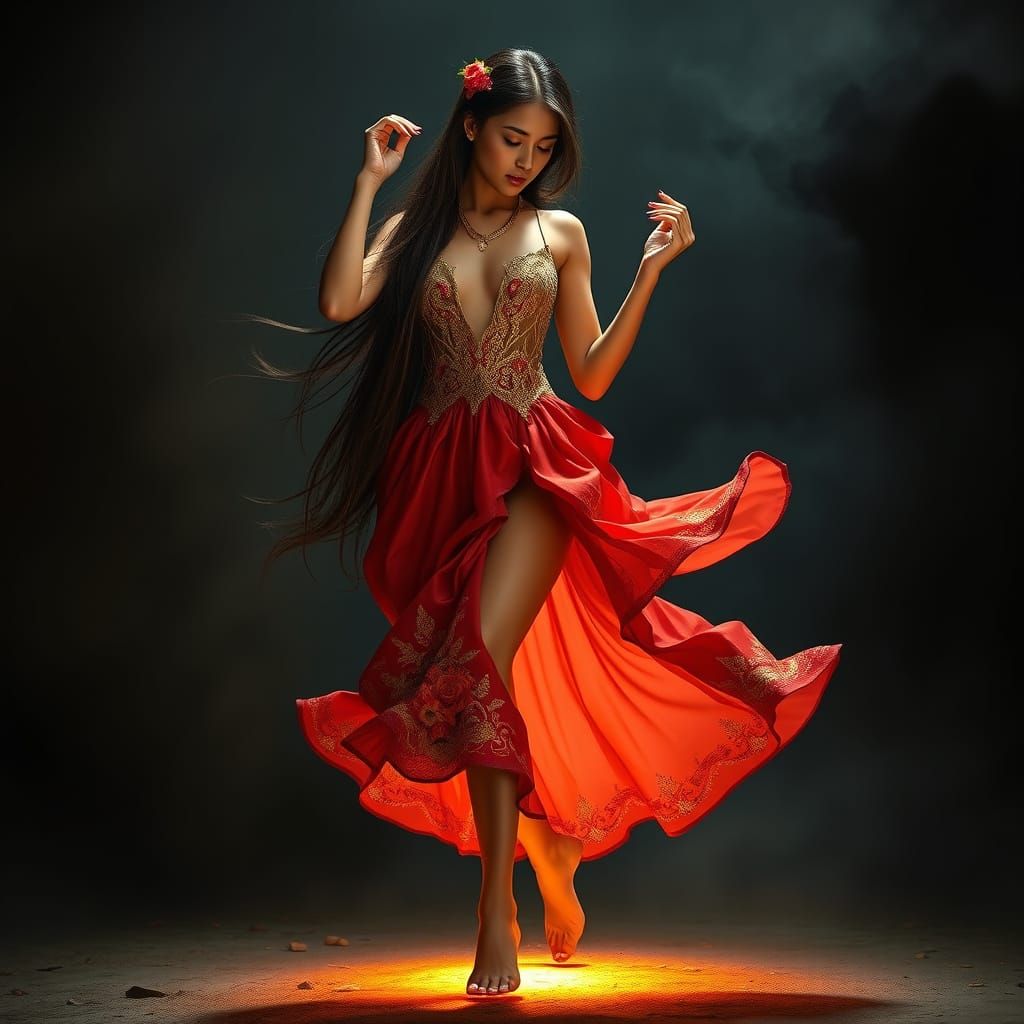 Argentinian Woman Dancing with Roses on Magical Light