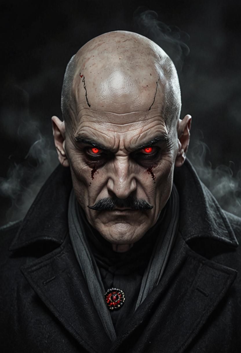 Dark Fantasy Warlord with Glowing Eyes in Opulent Office