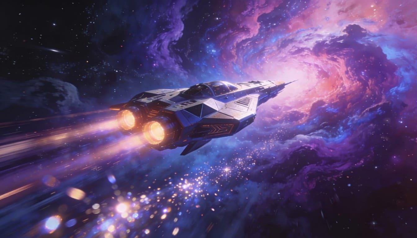 Retro Spacecraft Blasts Through Cosmic Nebula in Digital Mat...