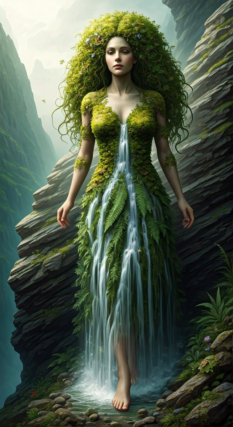 Earth Elemental with Waterfall Hair, Fantasy Art