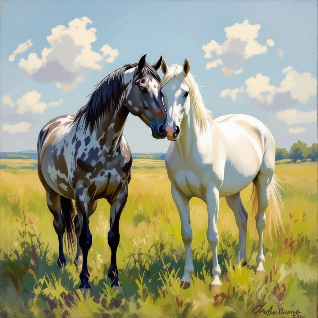 Horses Nuzzling in Sunlit Field as Impressionist Painting