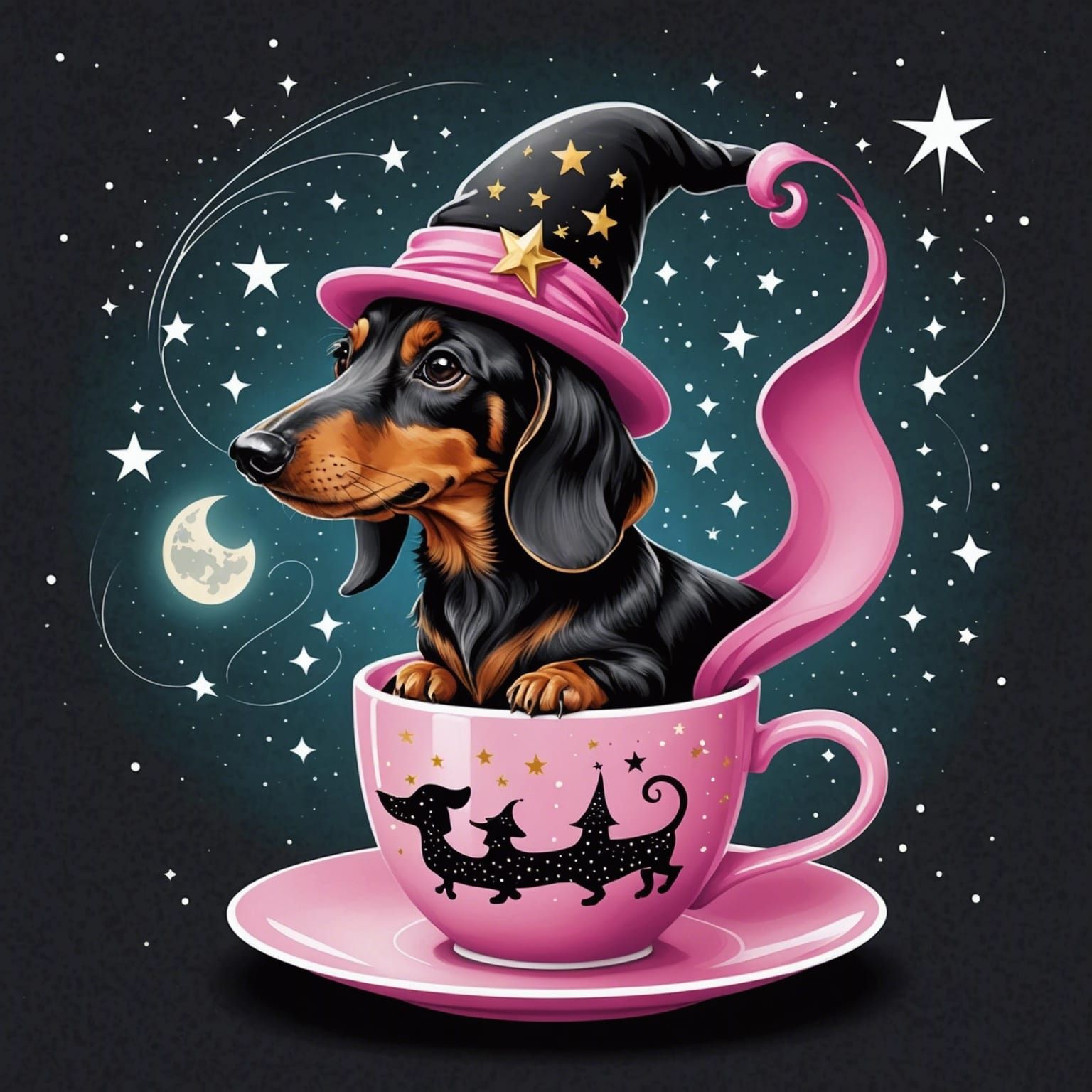 Whimsical Wizard Dachshund Coffee Cup Art Nouveau Portrait