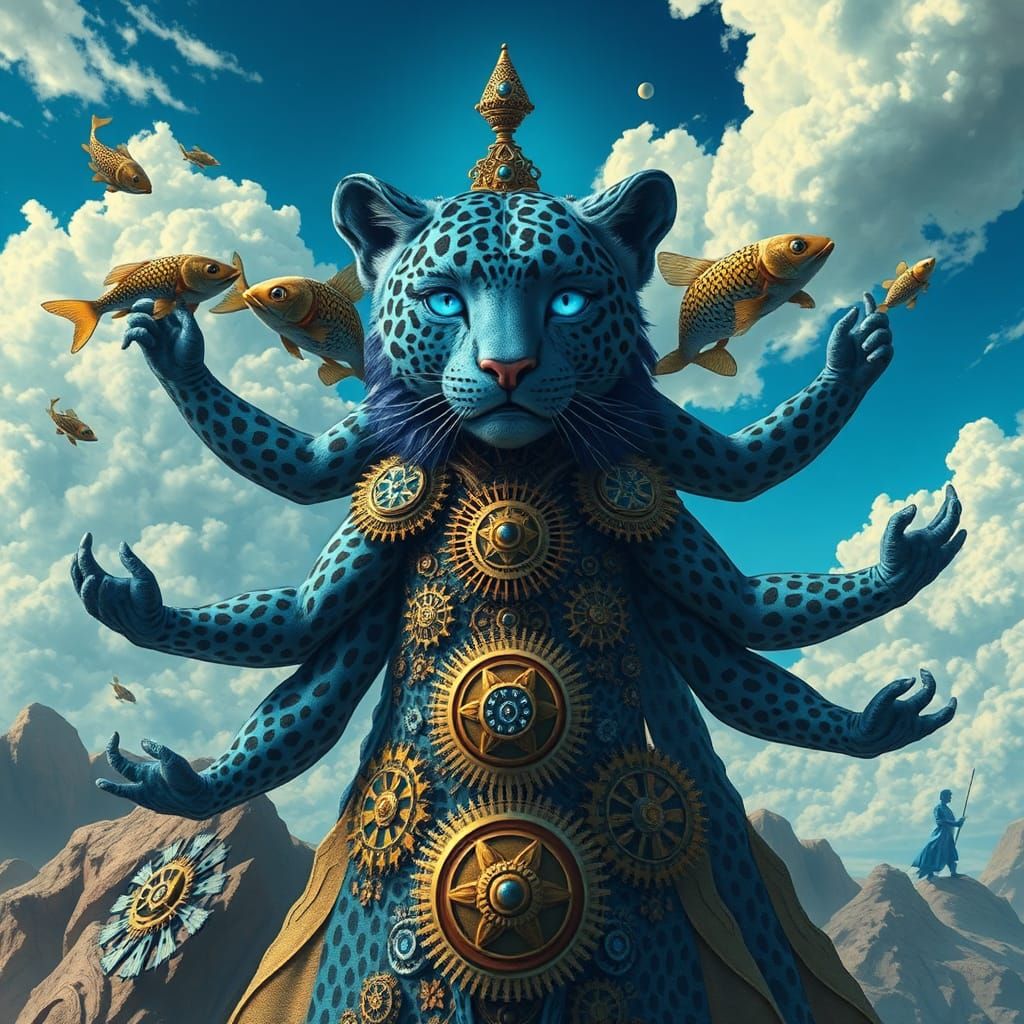 Blue Leopard Embodiment of Cosmos in Steampunk Style