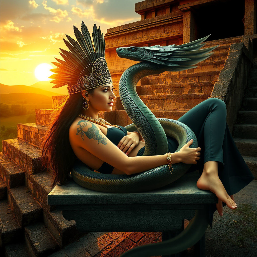 Aztec Priestess with Serpent Tattoo in Surreal Style